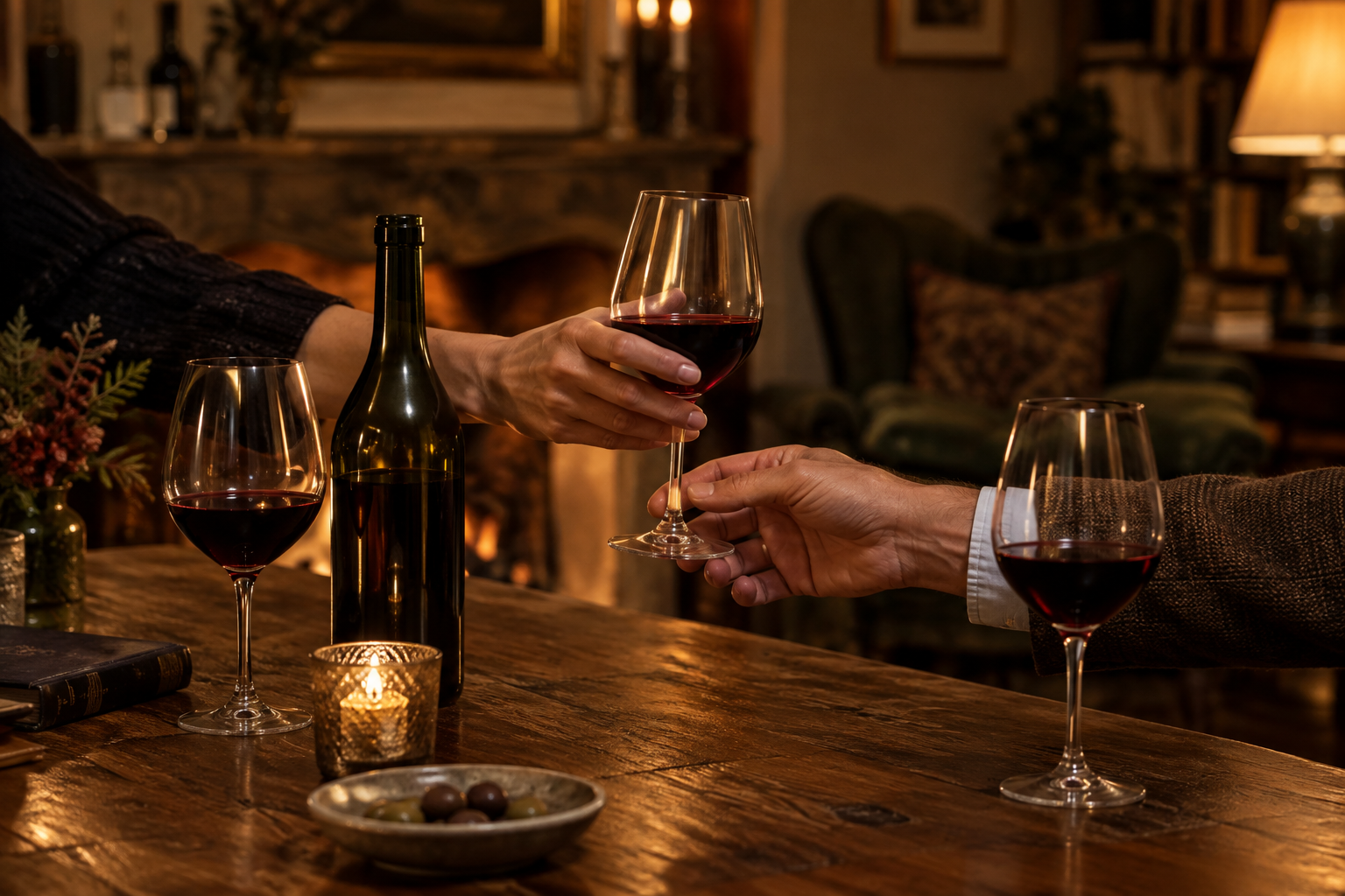 An intimate wine tasting, with fine glasses and a host’s hands around a wooden table